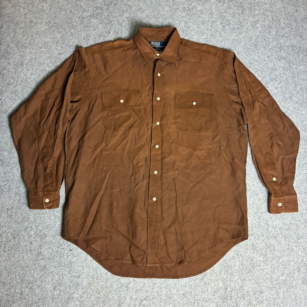 Polo Ralph Lauren Button Down Mens Medium Brown Excellent Silk Cotton Benford